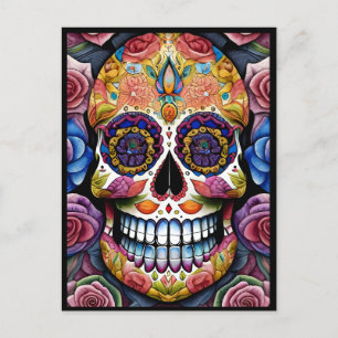 Sugar Skull Art -  Colourful Day of the Dead Skull Postcard