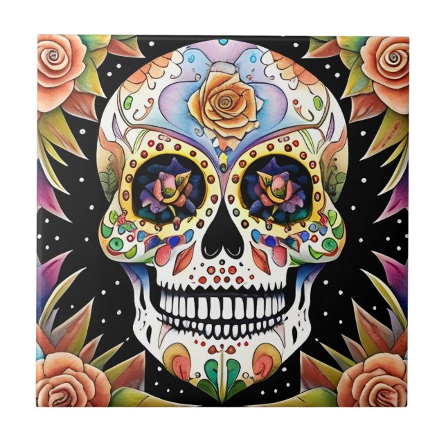 Sugar Skull Art - Colourful Mexican Fiesta Design Tile (Front)
