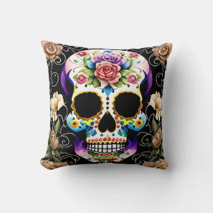 Sugar Skull Art - Colourful Remembrance Throw Pillow