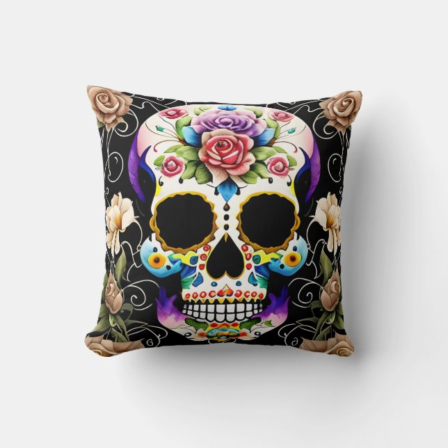 Sugar Skull Art - Colourful Remembrance Throw Pillow (Front)