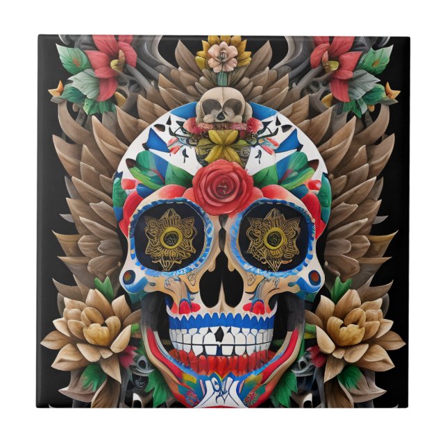 Sugar Skull Art - Colourful Remembrance Tile (Front)