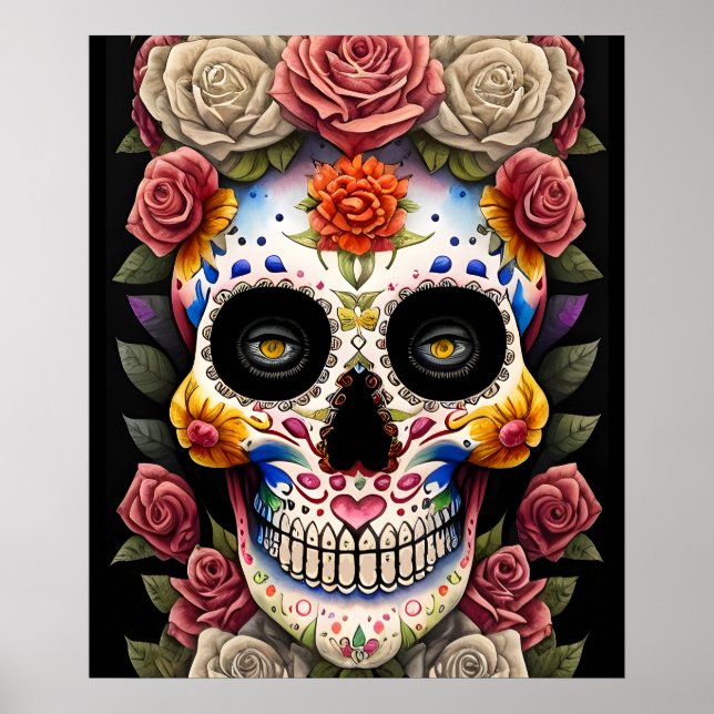 Sugar Skull Art - Colourful Traditional Poster (Front)