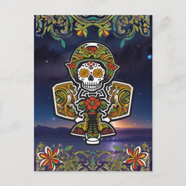 Sugar Skull Art - Day of the Dead Airplane Altar Postcard (Front)