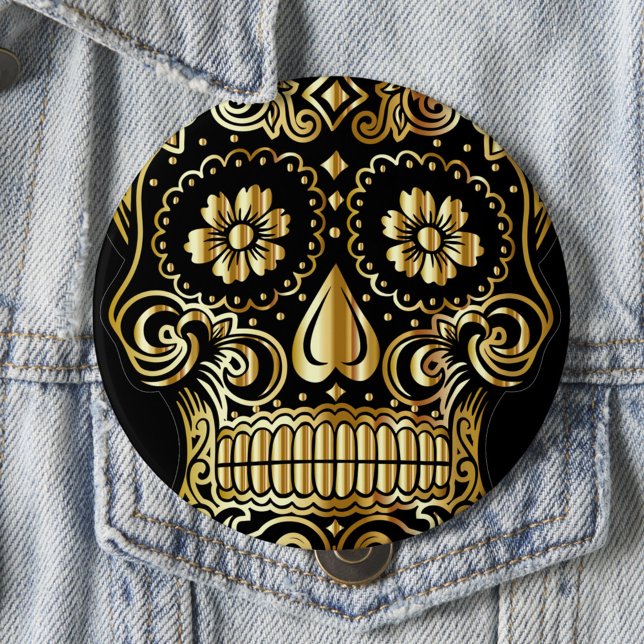 Sugar Skull Art, Day of the Dead Black and Gold 4 Inch Round Button (Creator Uploaded)
