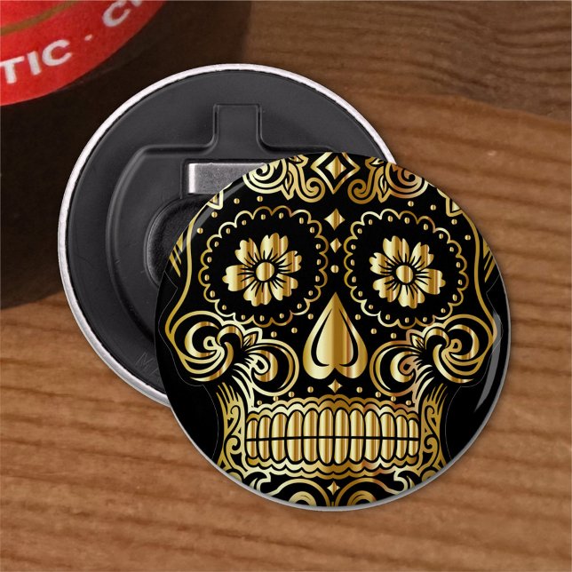 Sugar Skull Art, Day of the Dead Black and Gold Bottle Opener (Creator Uploaded)