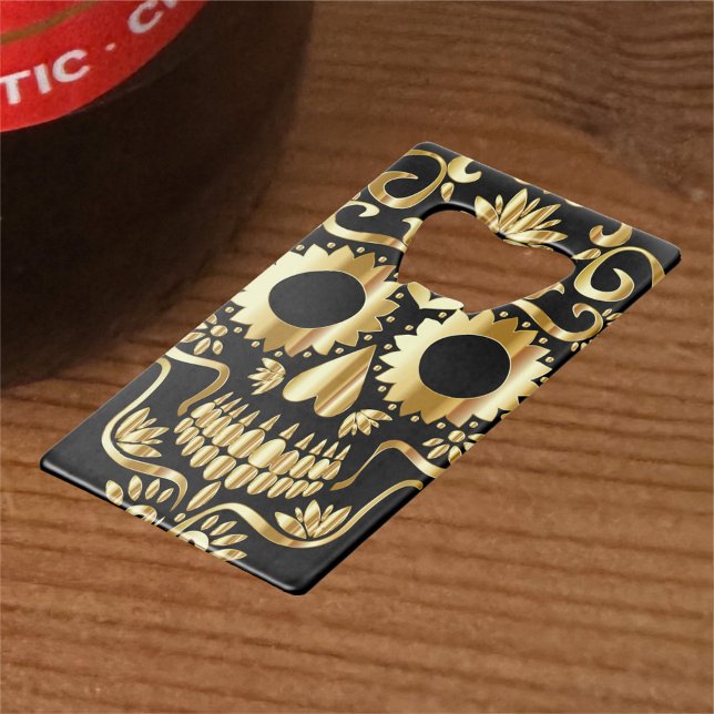 Sugar Skull Art, Day of the Dead Black and Gold Credit Card Bottle Opener (Creator Uploaded)