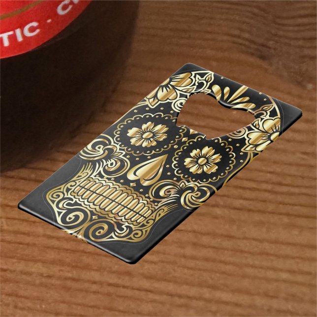Sugar Skull Art, Day of the Dead Black and Gold Credit Card Bottle Opener (Creator Uploaded)