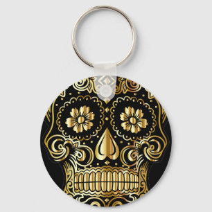 Sugar Skull Art, Day of the Dead Black and Gold Keychain