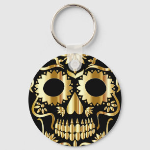Sugar Skull Art, Day of the Dead Black and Gold Keychain