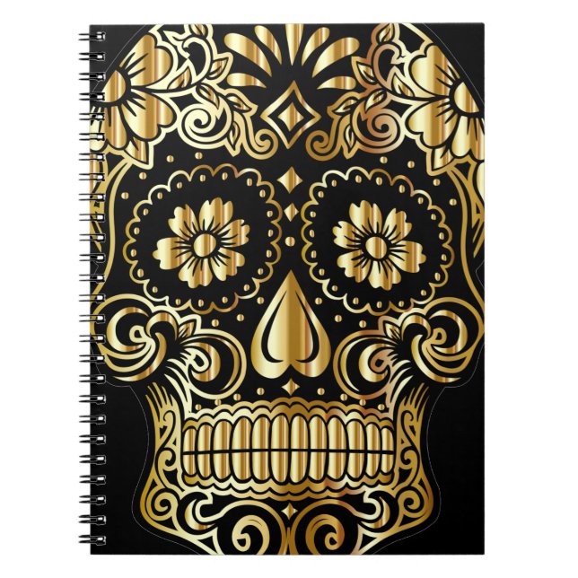 Sugar Skull Art, Day of the Dead Black and Gold Notebook (Front)