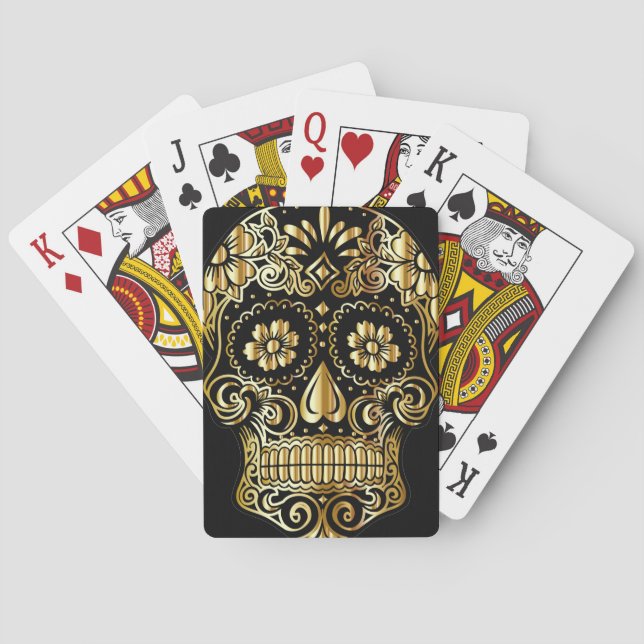 Sugar Skull Art, Day of the Dead Black and Gold Playing Cards (Back)