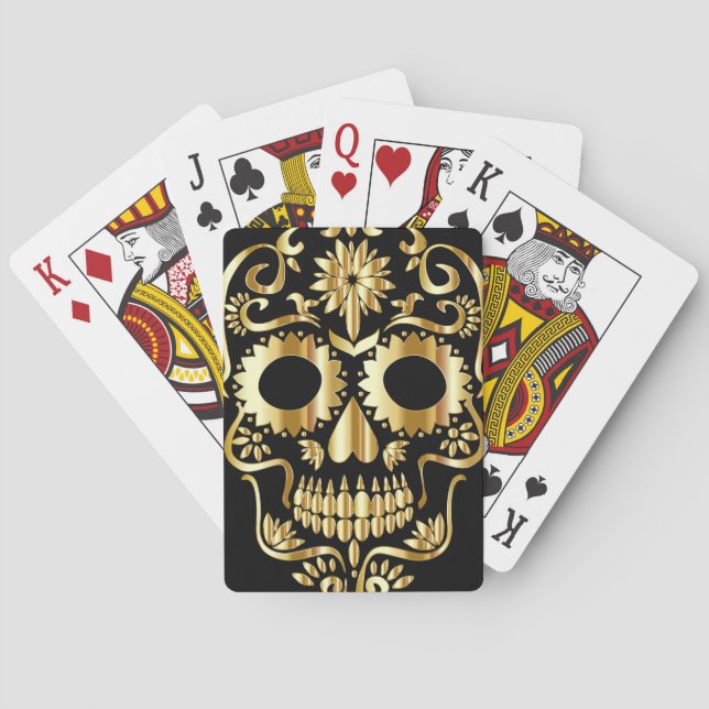 Sugar Skull Art, Day of the Dead Black and Gold Playing Cards (Back)