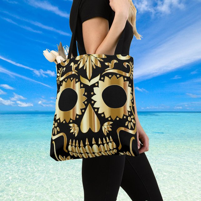 Sugar Skull Art, Day of the Dead Black and Gold Tote Bag (Creator Uploaded)