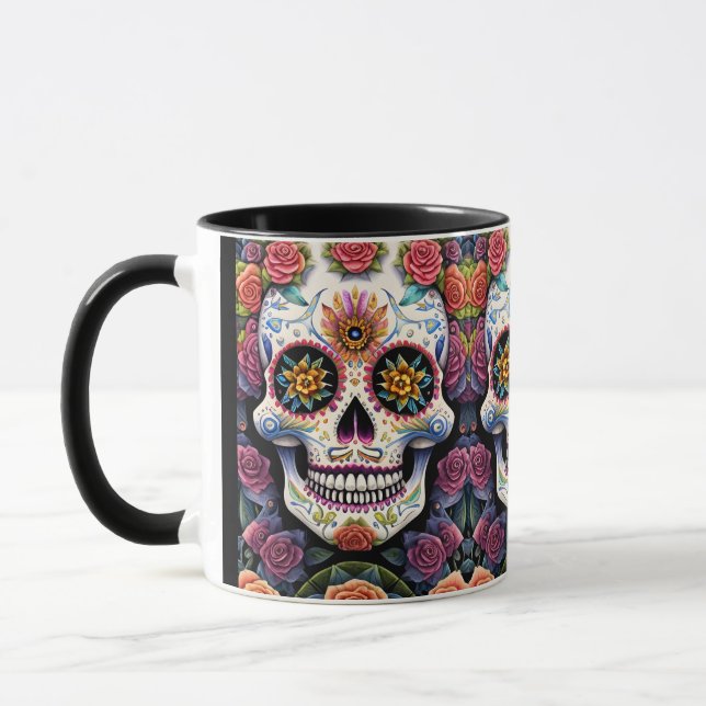 Sugar Skull Art - Dia de los Muertos Floral Skull Mug (Left)