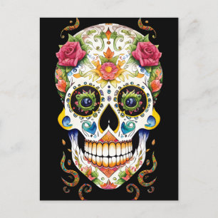 Sugar Skull Art - Festive with Pink Roses Postcard