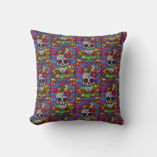 Sugar Skull Art - Floral Fiesta Throw Pillow