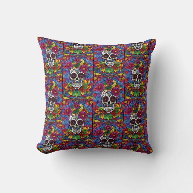 Sugar Skull Art -  Floral Fiesta Throw Pillow (Front)