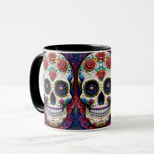 Sugar Skull Art Flower Skull Pink Roses Mug (Front Left)