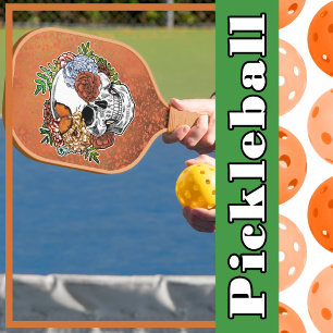 Sugar Skull Art Flowers Butterfly Orange Grunge Pickleball Paddle