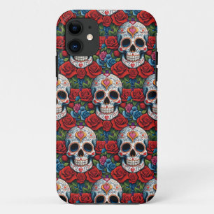 Sugar Skull Art - Heart Skull & Roses iPhone 11 Case