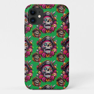 Sugar Skull Art - Jolly Pirate Skull (Green) iPhone 11 Case