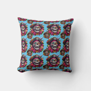 Sugar Skull Art - Jolly Pirate Skull (Sky Blue) Throw Pillow