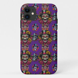 Sugar Skull Art -Top Hat Floral Fiesta (Purple) iPhone 11 Case