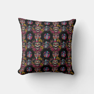 Sugar Skull Art -Top Hat Floral Fiesta Throw Pillow