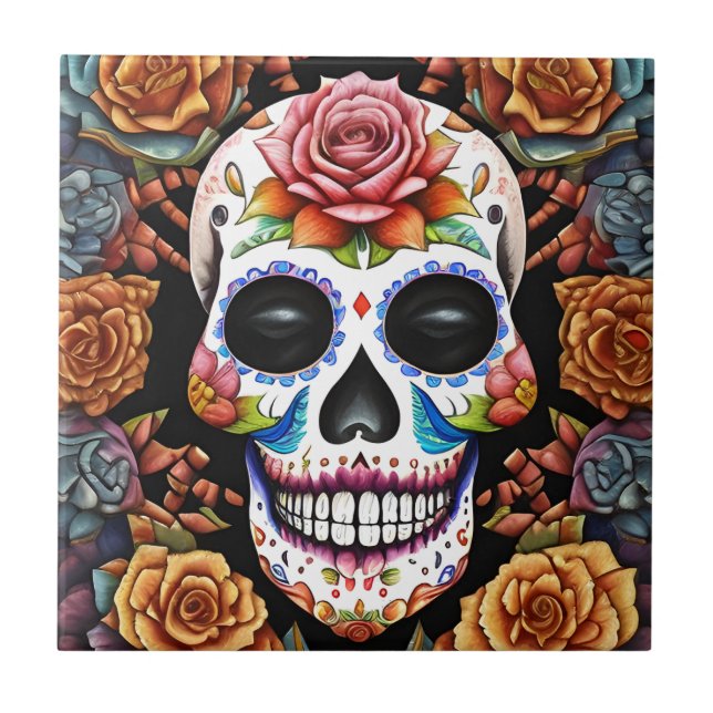 Sugar Skull Art - Traditional Mexican Skull Tile (Front)