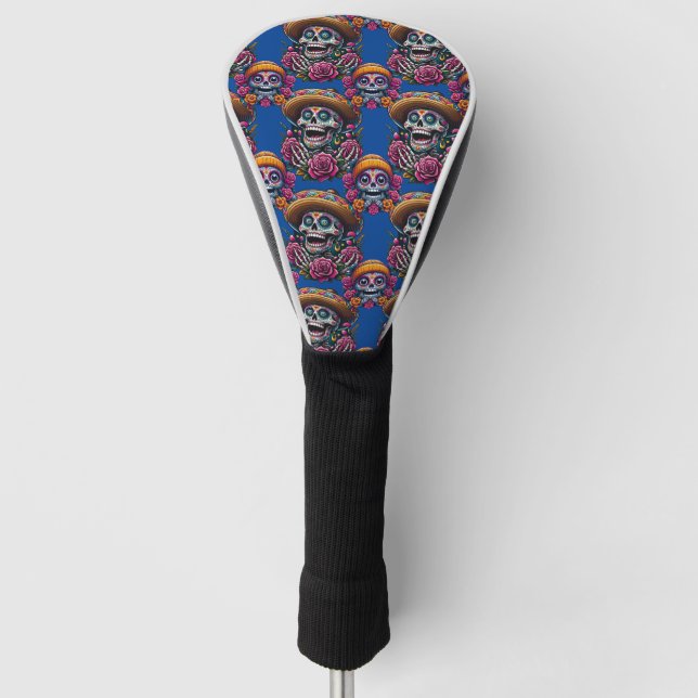 Sugar Skull Art - Vibrant Day of the Dead (Blue) Golf Head Cover (Front)