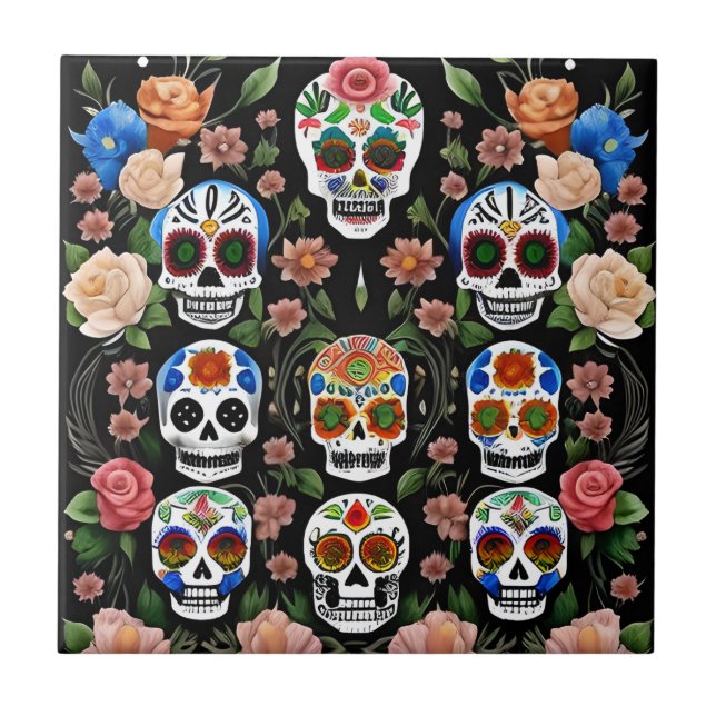 Sugar Skull Art - Vibrant Remembrance Tile (Front)