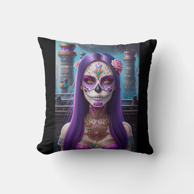 Sugar Skull Art -  Vivid Visions Throw Pillow (Front)