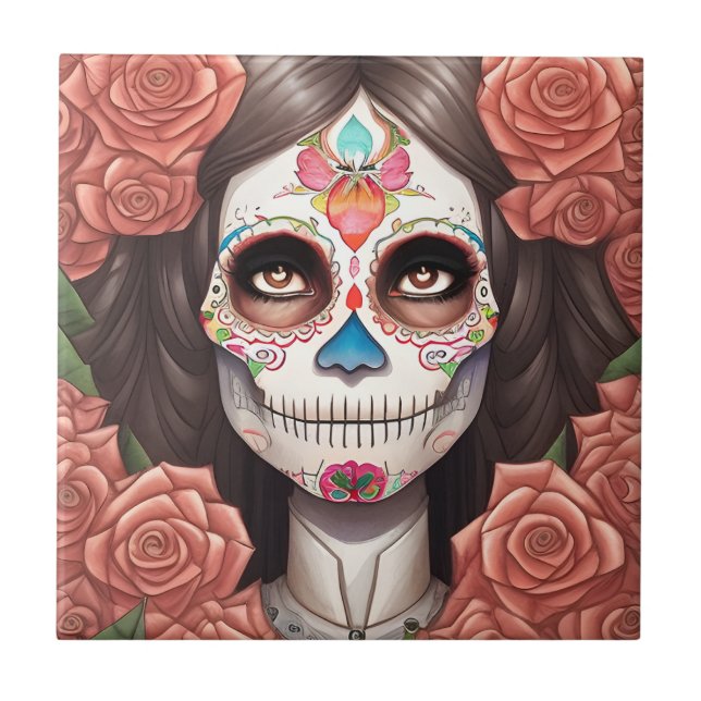 Sugar Skull Art - Woman in Makeup Tile (Front)