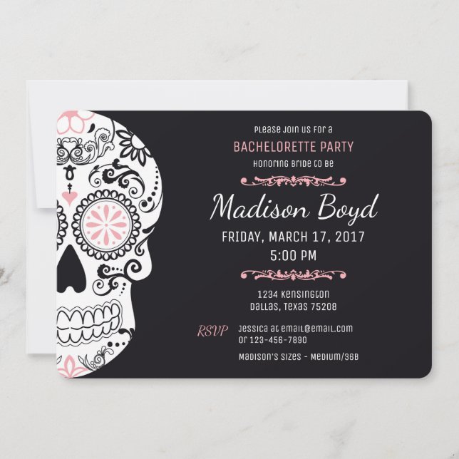 Sugar Skull Bachelorette Party Pink & Black Invite (Front)
