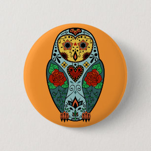 Sugar Skull Barn Owl 2 Inch Round Button