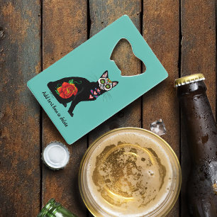 Sugar Skull Black Cat Credit Card Bottle Opener