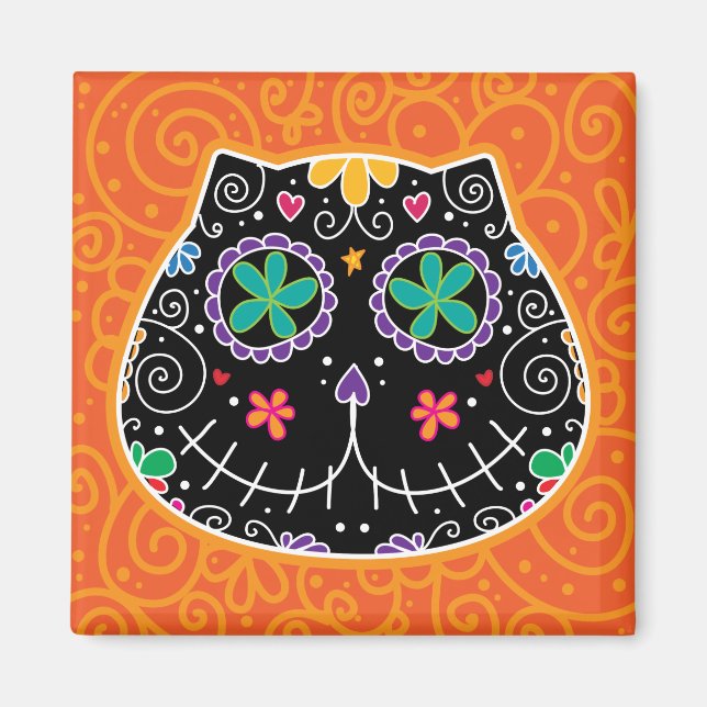 Sugar Skull Black Cat Day of the Dead Magnet (Front)