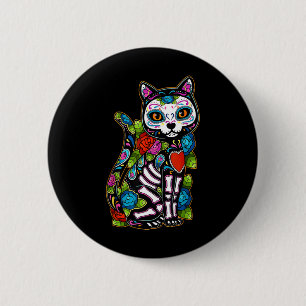 Sugar Skull Black Cat De Los Muertos Catrina Day O 2 Inch Round Button
