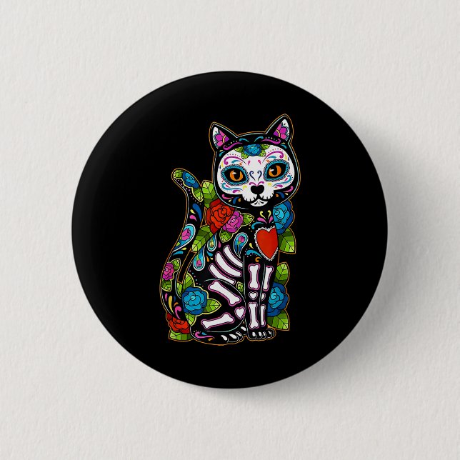 Sugar Skull Black Cat De Los Muertos Catrina Day O 2 Inch Round Button (Front)