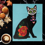 Sugar Skull Black Cat Jigsaw Puzzle<br><div class="desc">A black cat with day of the dead sugar skull make-up on in a backdrop of teal</div>