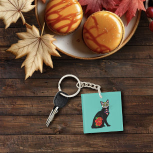 Sugar Skull Black Cat Keychain