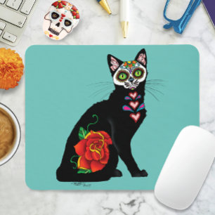 Sugar Skull Black Cat Mouse Pad
