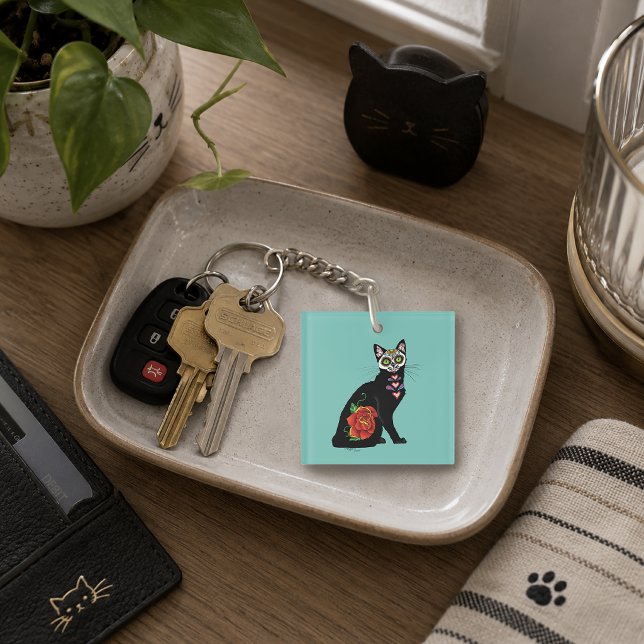 Sugar Skull Black Cat Rose Teal Heart Keychain (Creator Uploaded)
