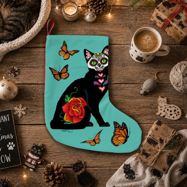 Sugar Skull Black Cat Rose Teal Heart Small Christmas Stocking (Creator Uploaded)