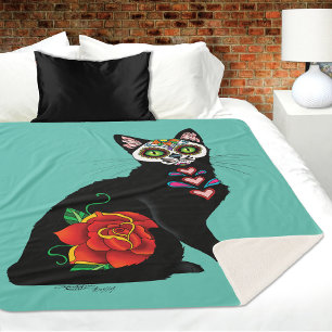 Sugar Skull Black Cat Sherpa Blanket