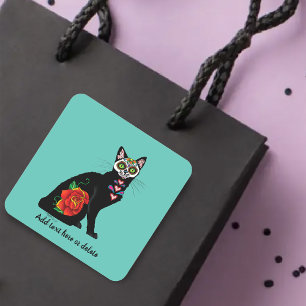 sugar Skull black Cat Square Sticker