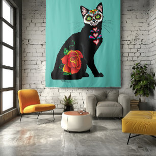 Sugar Skull Black Cat Tapestry