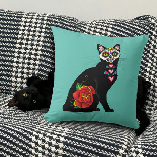 Sugar Skull Black Cat Throw Pillow
