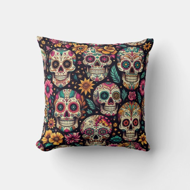 Sugar Skull Blossoms  Throw Pillow (Front)