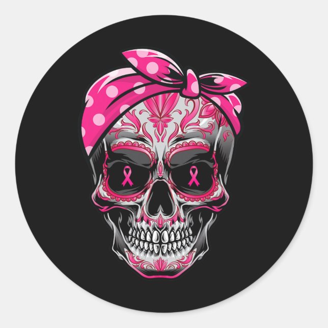 Sugar Skull Breast Cancer Awareness Pink Ribbon Ca Classic Round Sticker (Front)
